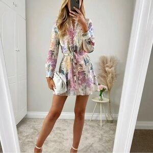 ZARA Dress Women's L Floral Parrot Linen Button
Down Mini Long Sleeve